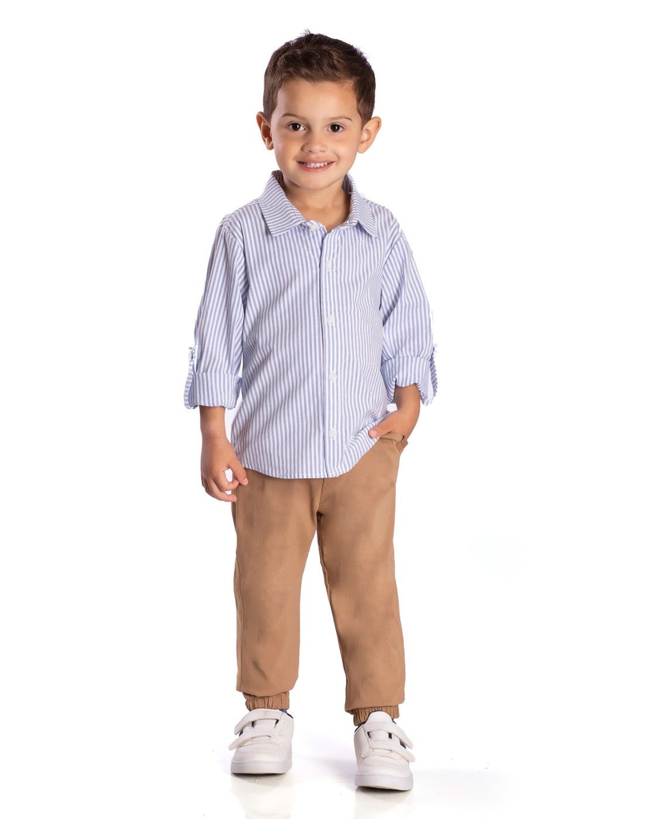 Infantil - Conj. camisa manga longa fio tinto listrada azul e branca + calça bengaline cáqui