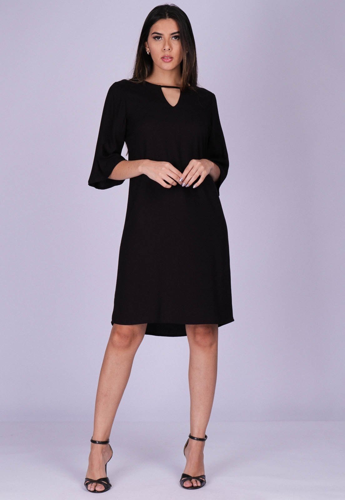 Vestido Chemise Curto Viscose Manga Evasê Preto