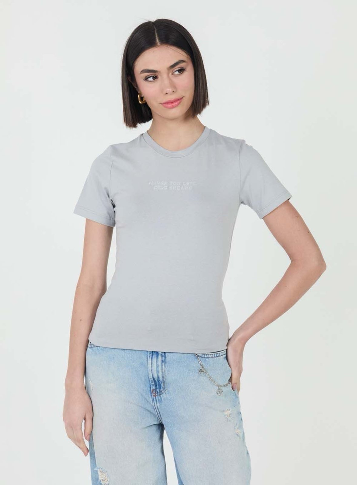 Camiseta Baby Look com Glitter Colcci CLC Cinza Foggy Day