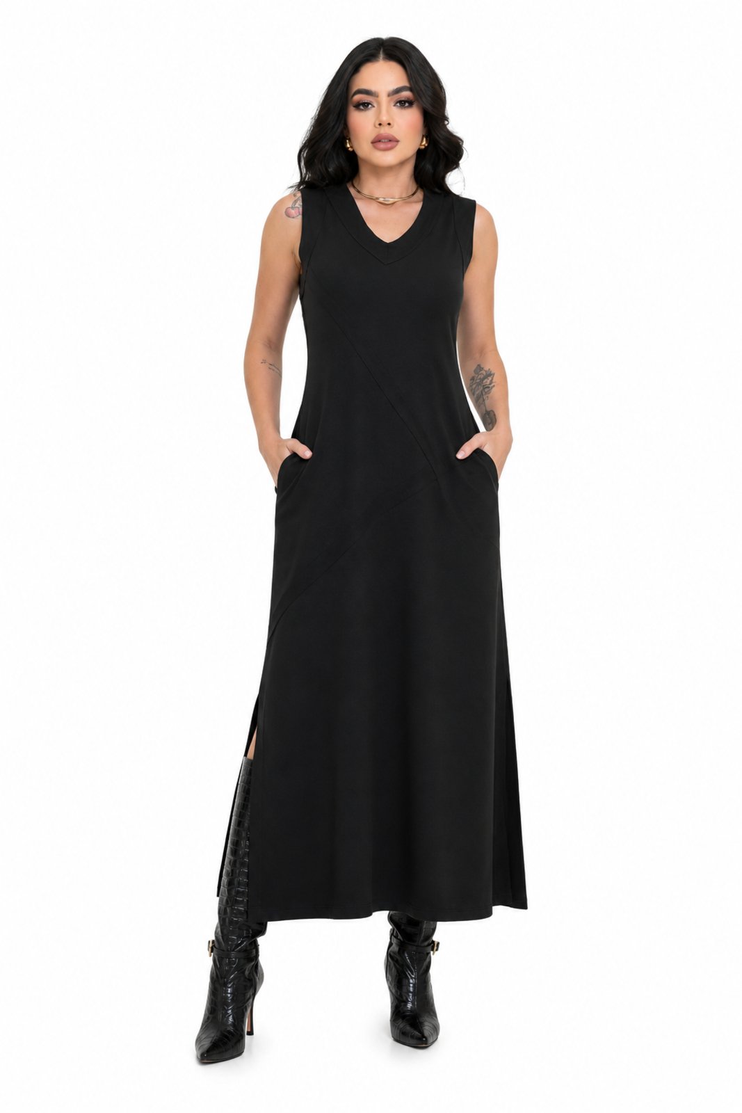 Vestido Midi D Bell Outlet Fashion Fenda Preto