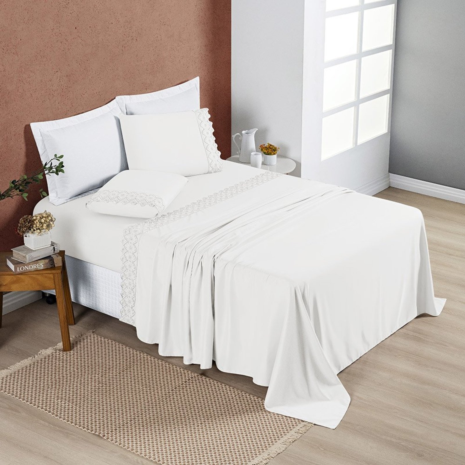 Jogo Cama Lençol Divino Lese King 4 Peças - White - 100% Poliéster