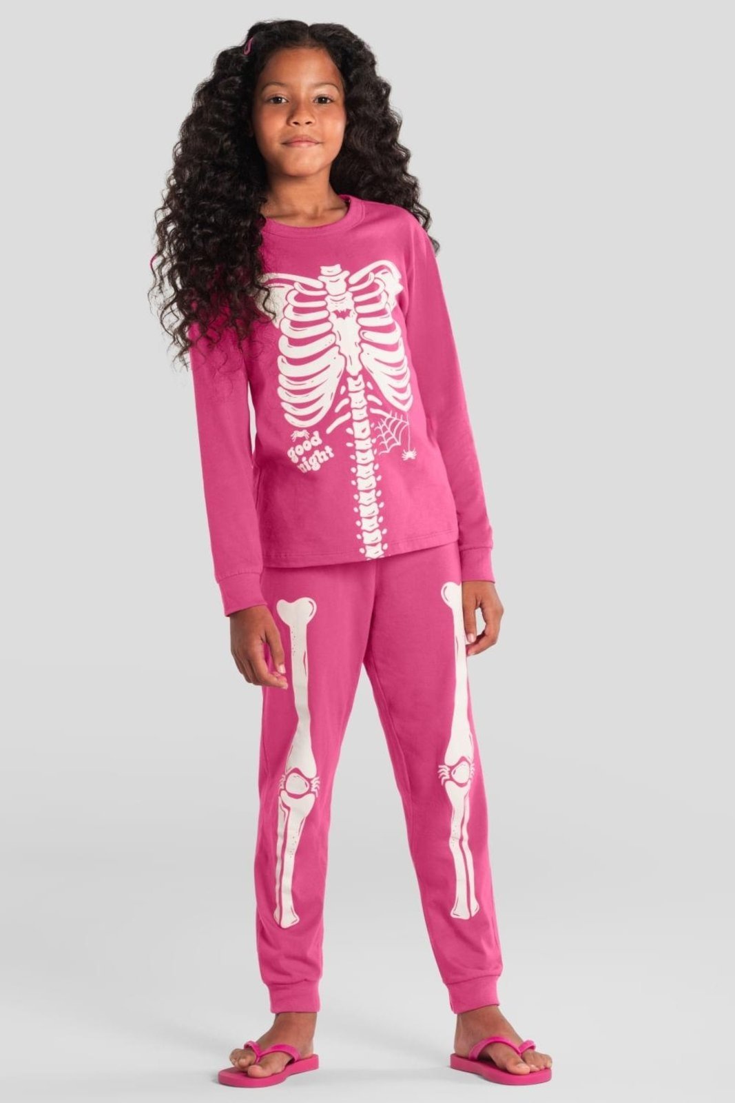 Pijama menina de esqueleto brilha no escuro Brandili Rosa