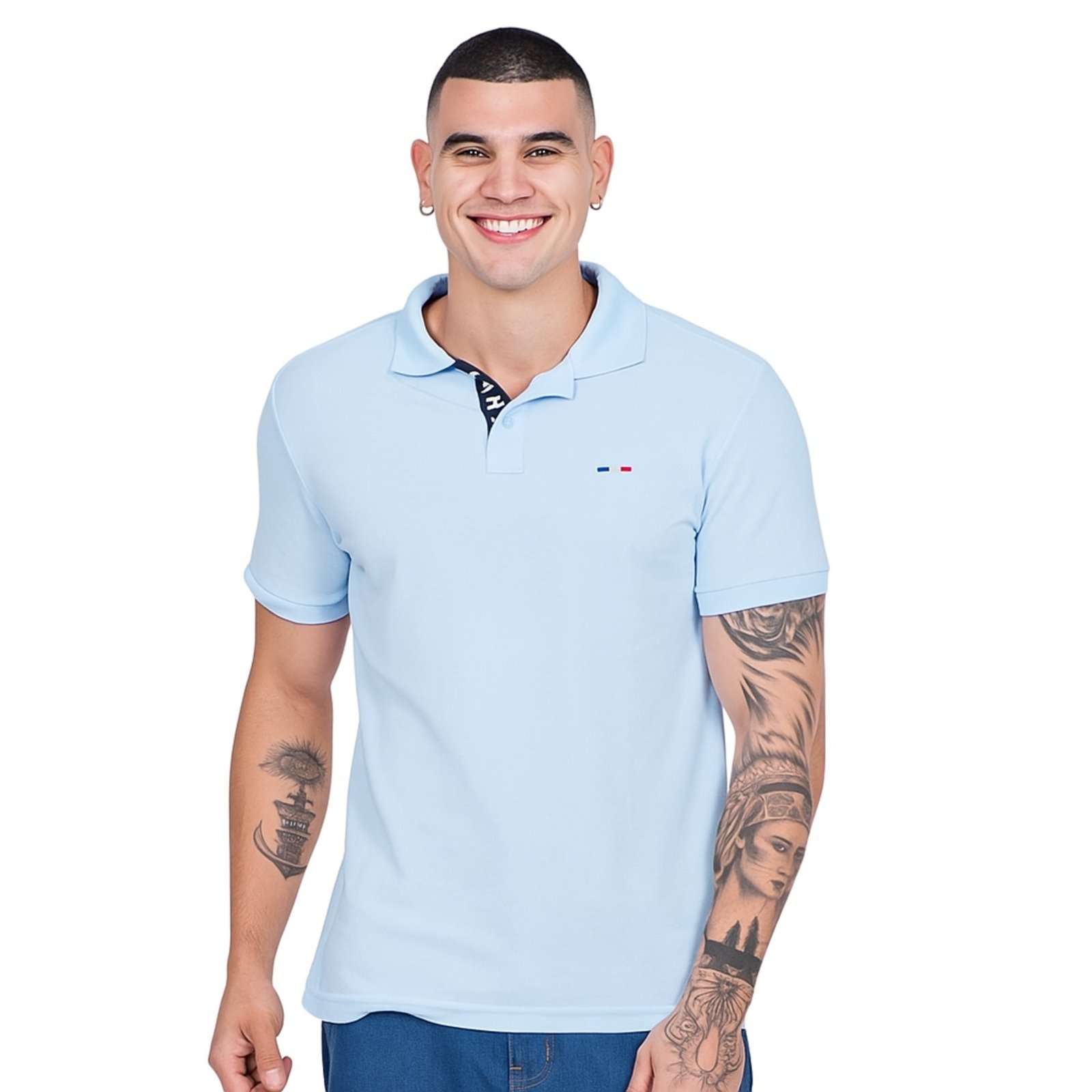 Vista 2 Camisa Polo Masculina Básica Industrie Piquet no Estilo Tommy Bordado França Verde Claro azul verde Industrie azul verde