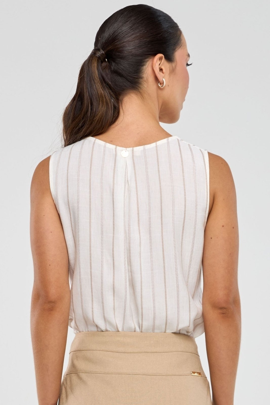 Regata PKS Em Viscose Com Linho Listrada Bege