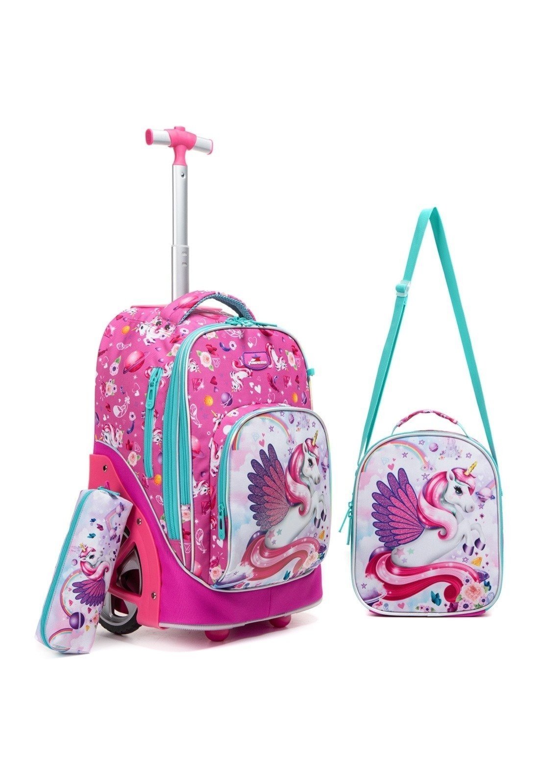 Infantil - Kit Mochila Escolar Rodinha Lancheira Estojo Rosa Meninas Unicornio