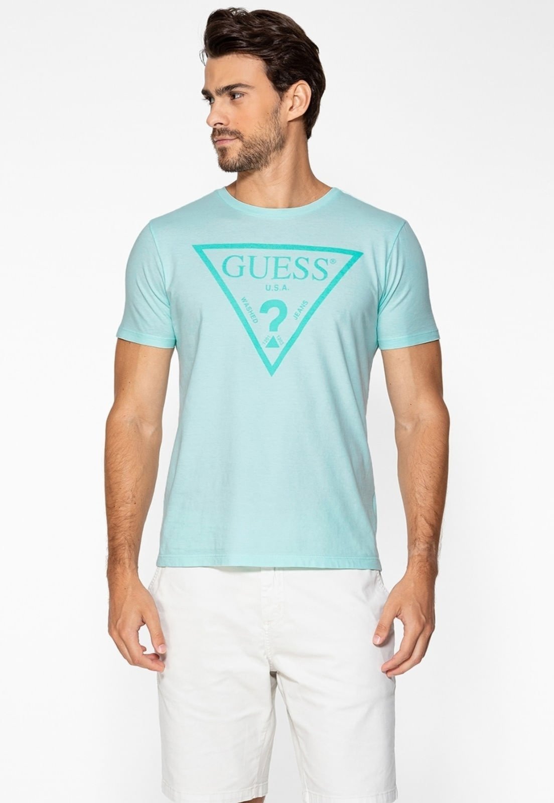 Camiseta Logo Triangulo Relevo Guess Azul Claro