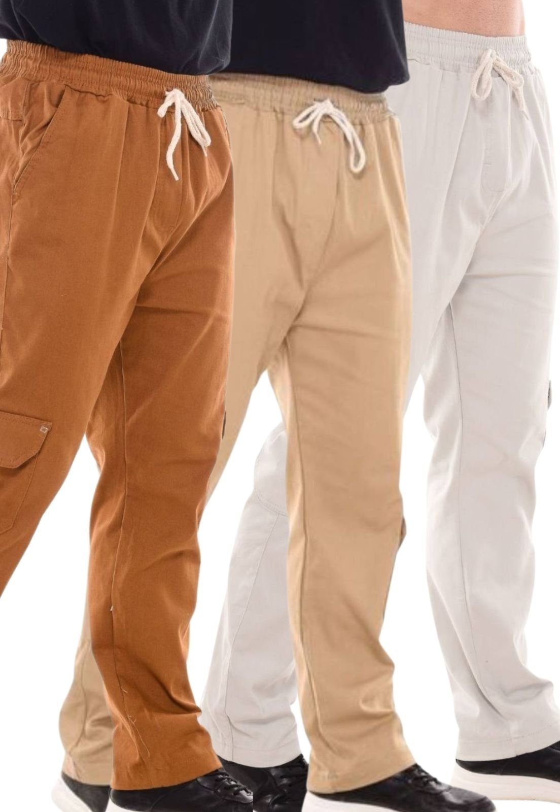 Kit 3 Calças Jogger Mys Jeans com Bolso Cargo Sem Punho Caqui Gelo Caramelo