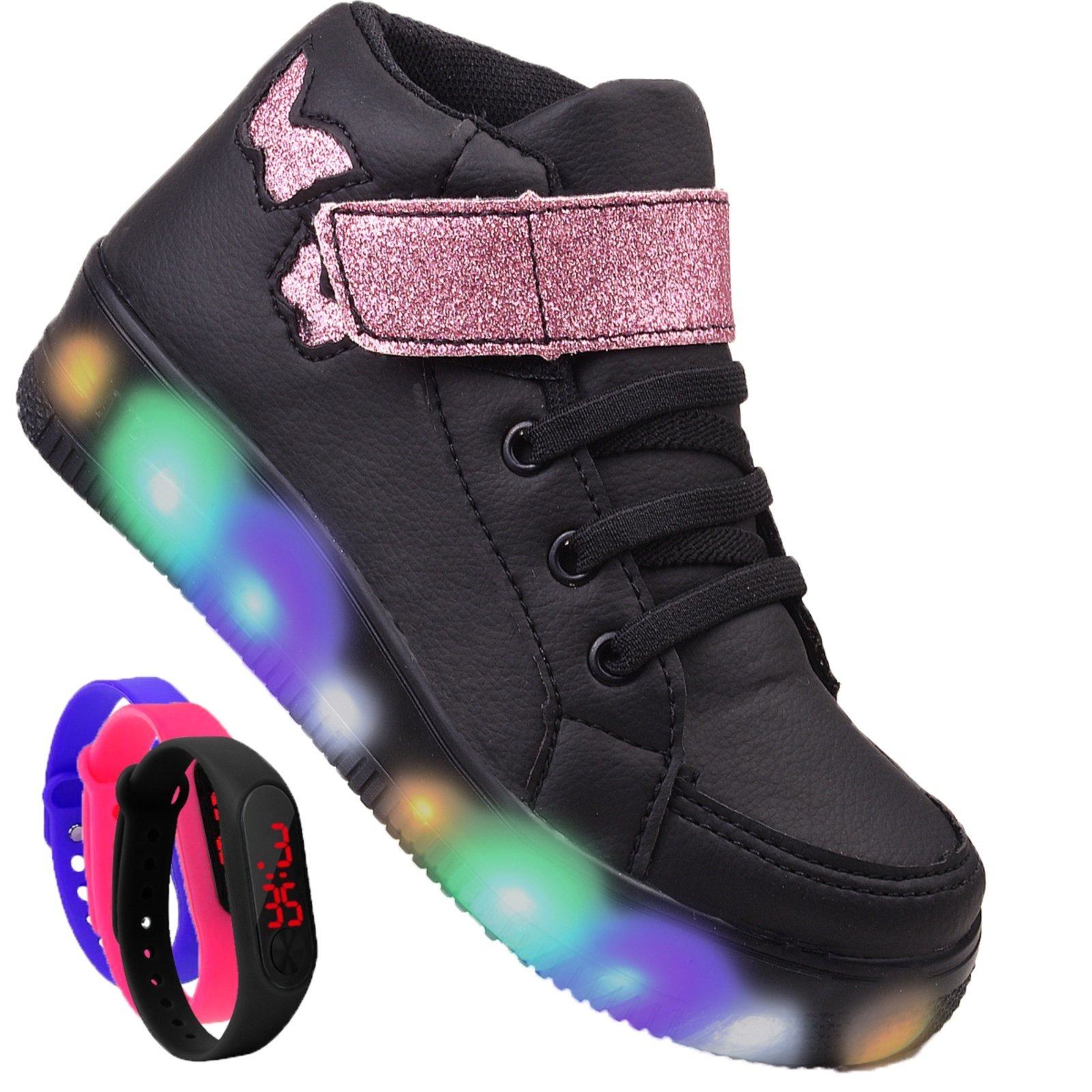 Infantil – Kit Tênis De Led Botinha Borboleta Preto Meninas Brilhante Relógio