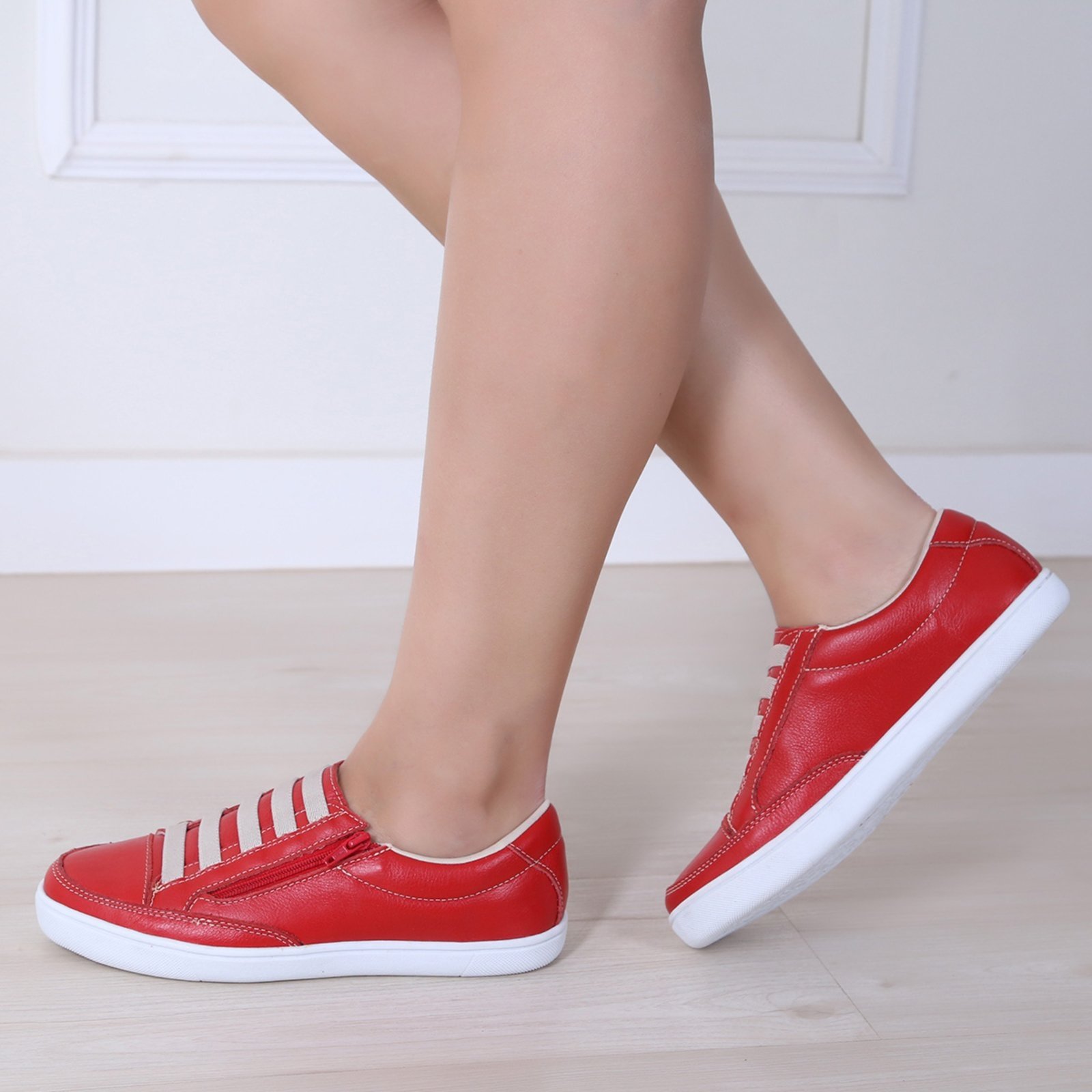 Tênis Feminino Couro Casual Vermelho Confortável Moderno Para Caminhada Macio