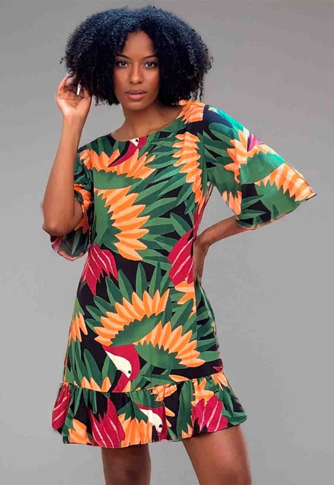 Vestido Curto Amazonia Vital Viscose Estampa Festa dos Tucanos