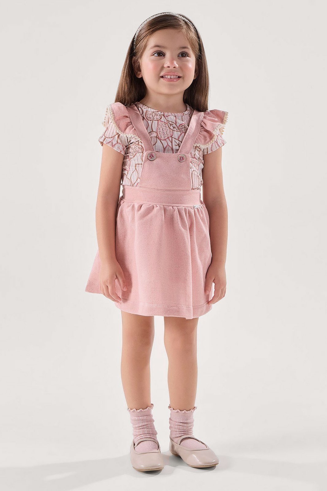 Infantil - Conjunto Blusa Rose com Brilho e Salopete em Moletom com Linho