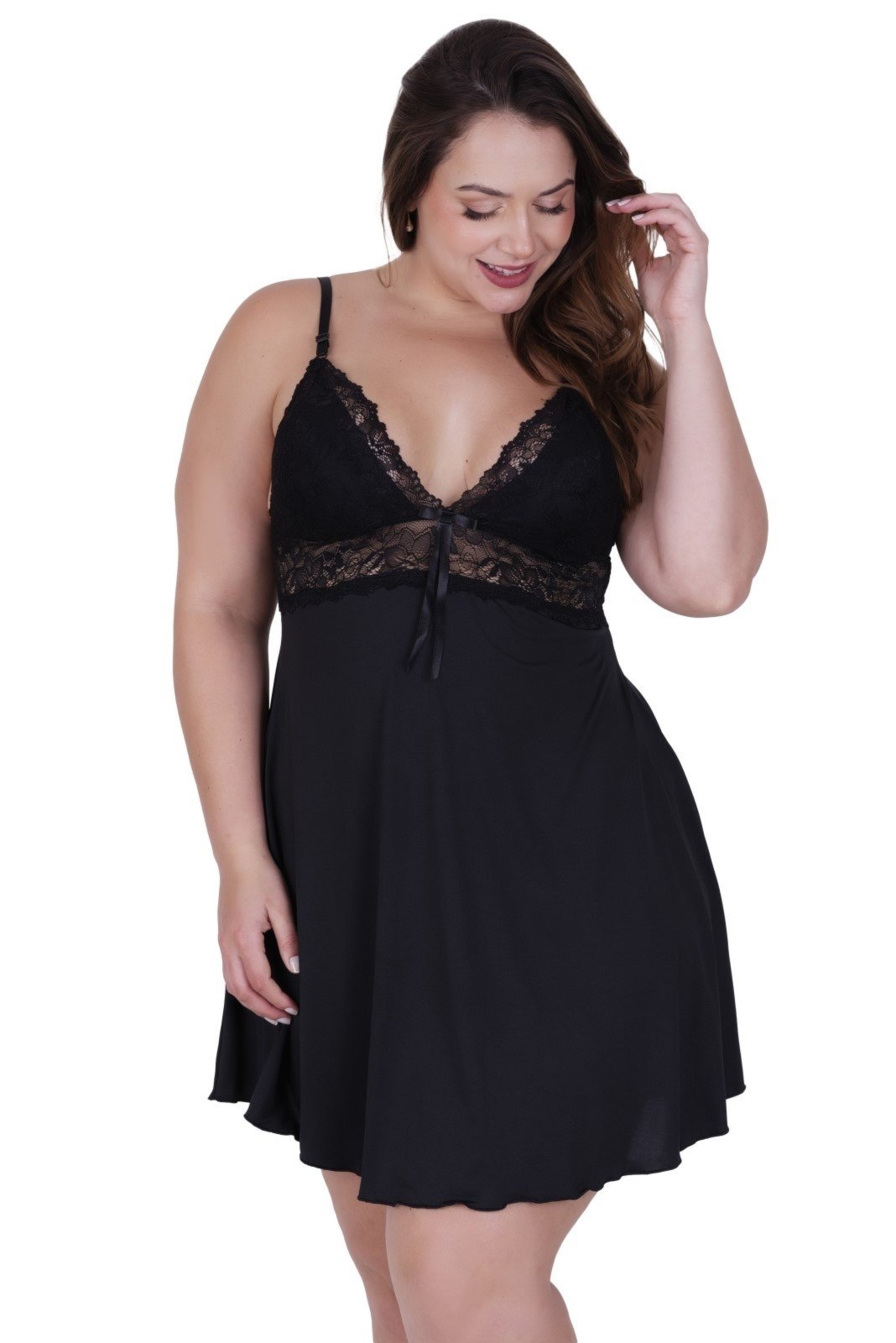 Camisola Plus Size Bicolor Detahe de Renda Adulto Feminino Terra e Mar Preto
