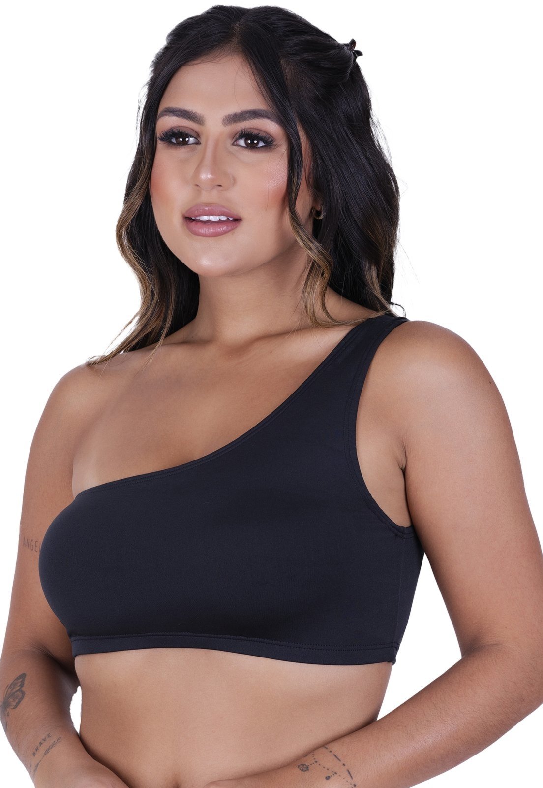 Top Toda Casual de Um Ombro Preto sem bojo e sem fecho