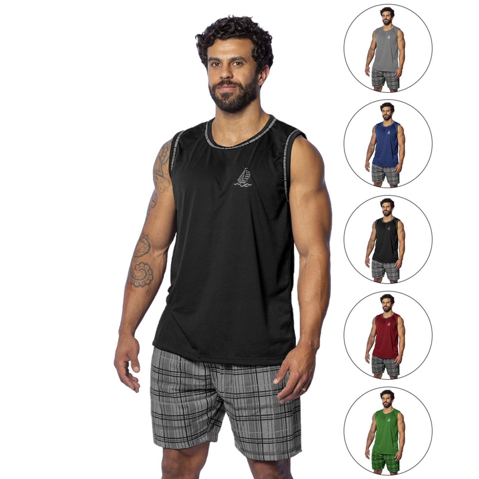 Kit 2 Pijamas Masculino Gabi Lingerie Regata Malha Confortável Curto Multicolorido