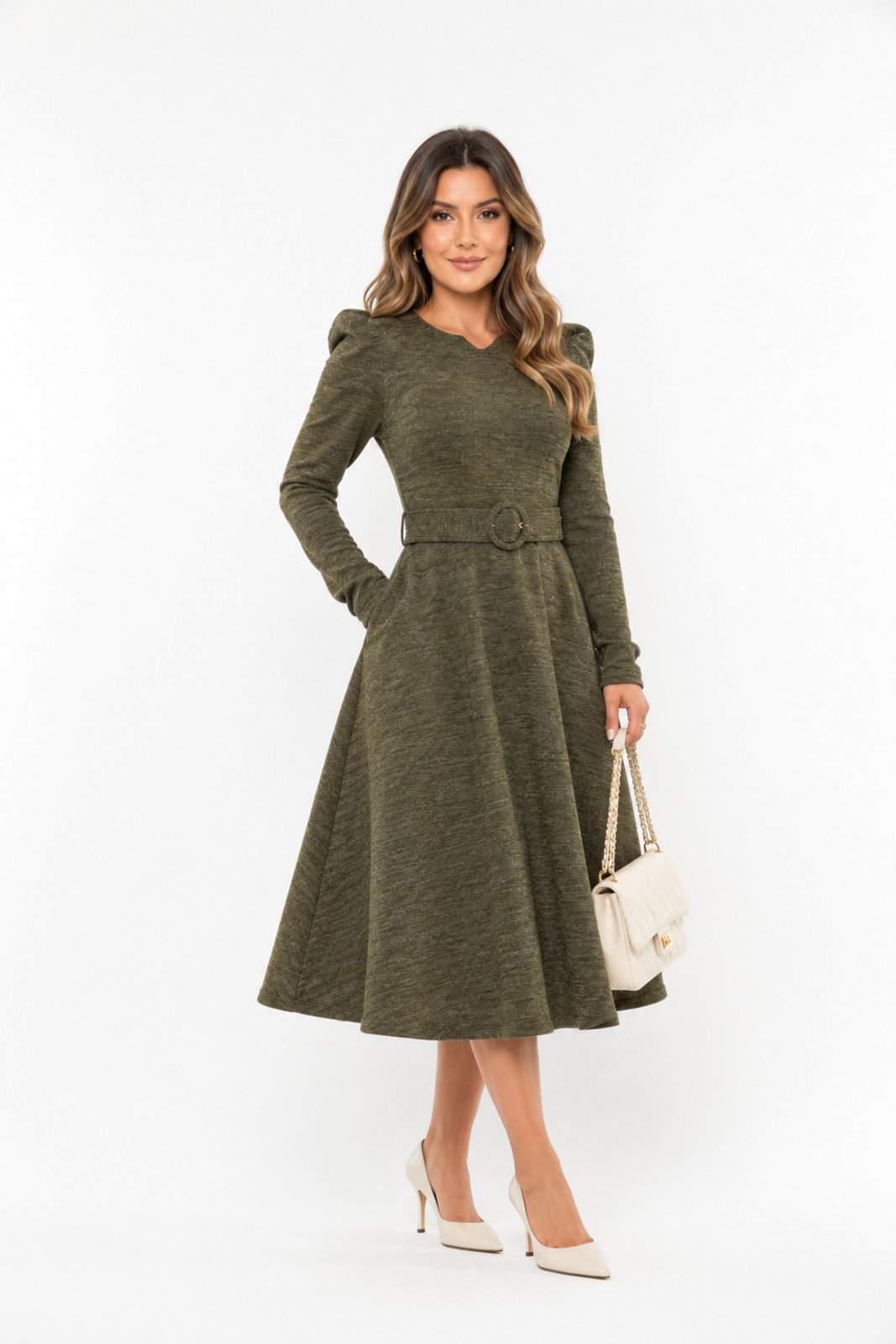Vestido Midi D Bell Outlet Fashion Social Com Cinto Verde Oliva