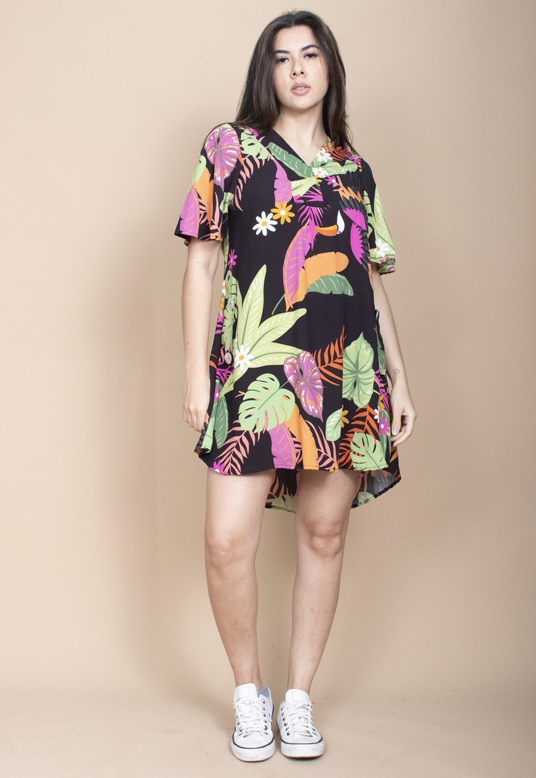 Vestido Curto Cabanafree Pataxô Viscose Mullet Decote V Noite Botânica