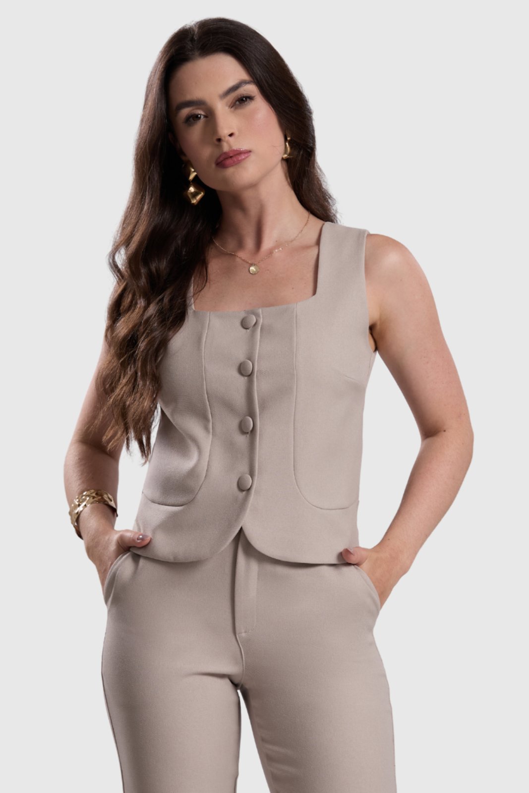 Colete Feminino Amora Café Alfaiataria Bege