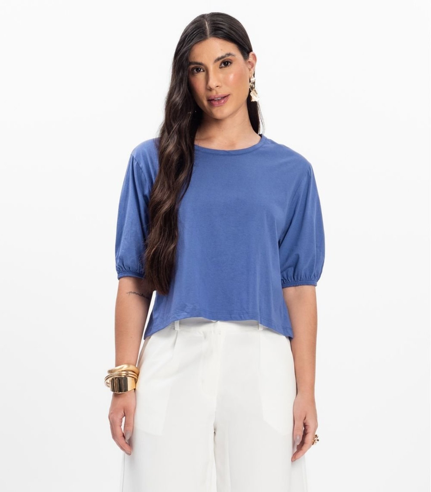 Blusa Manga Camponesa Feminina Rovitex Azul
