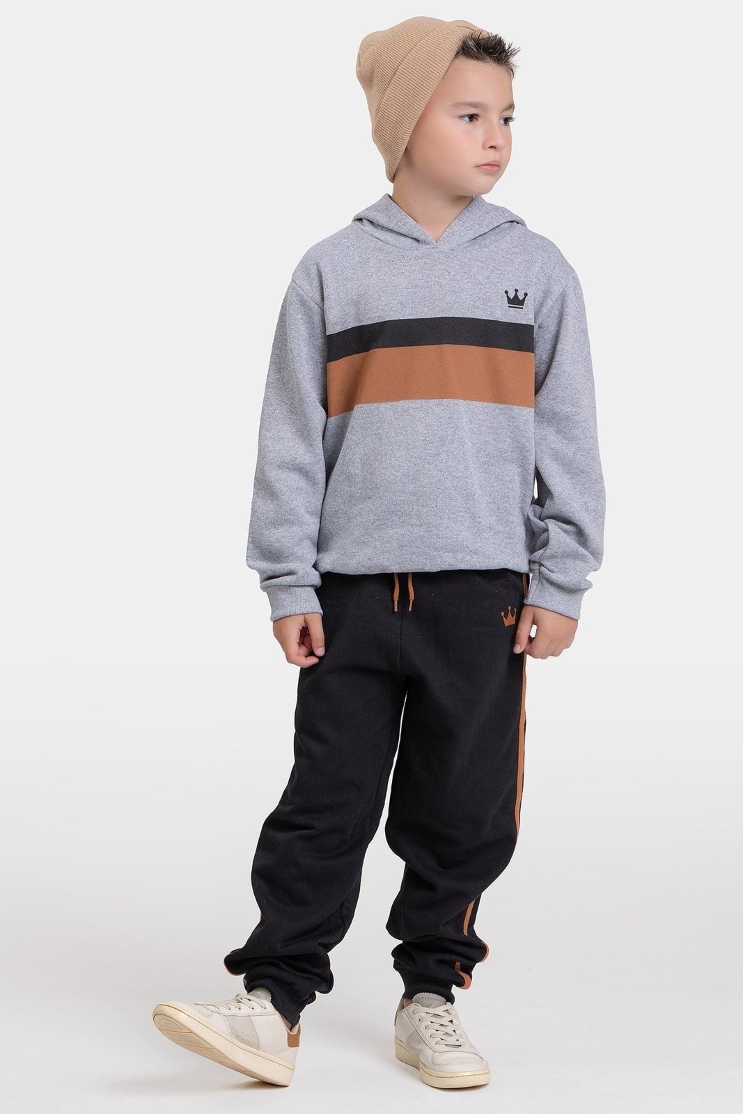 Infantil - Conjunto Masculino Moletom Peluciado Listras Coroa - Mescla