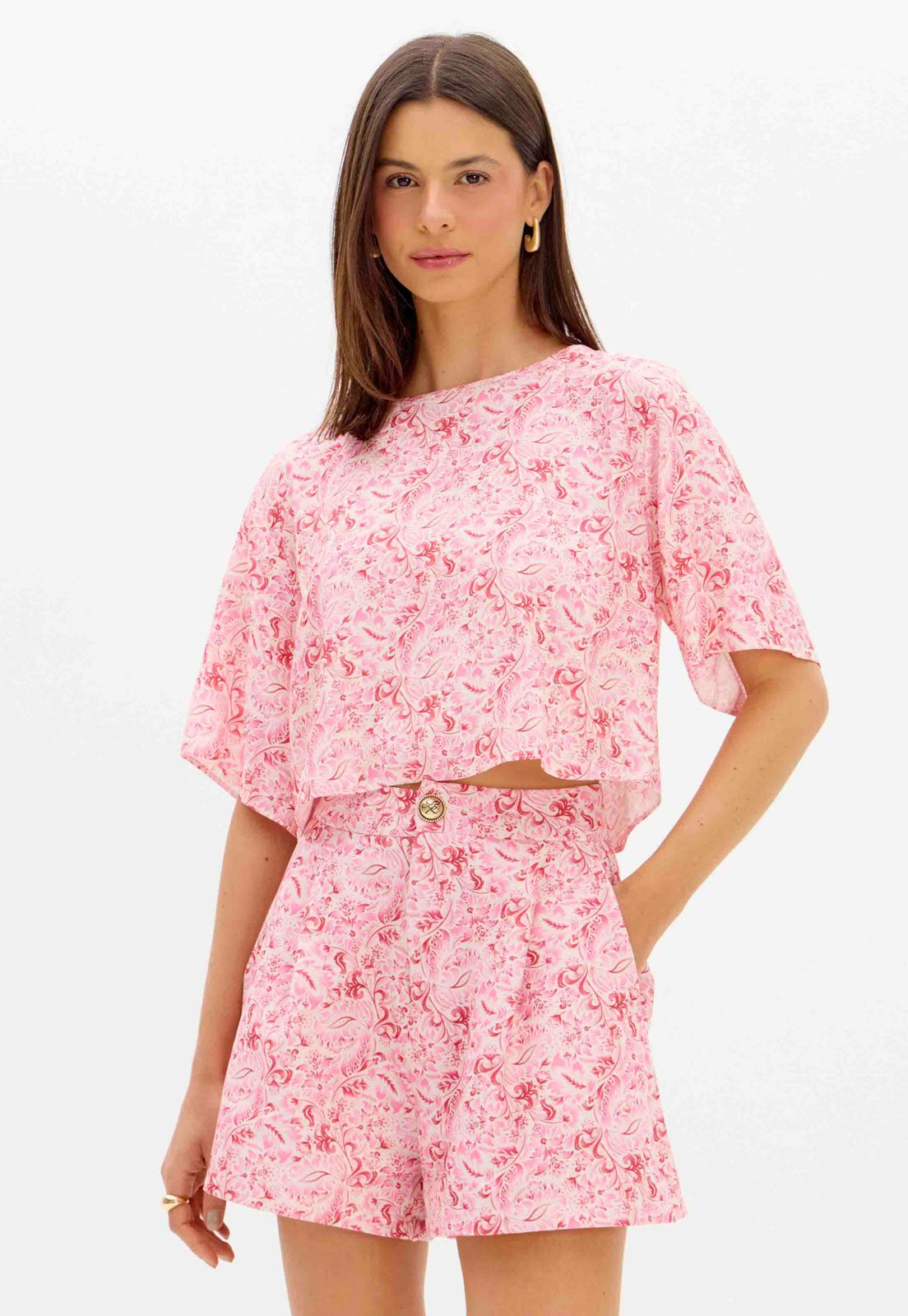 Blusa Feminina Lança Perfume Floral Cropped Rosa