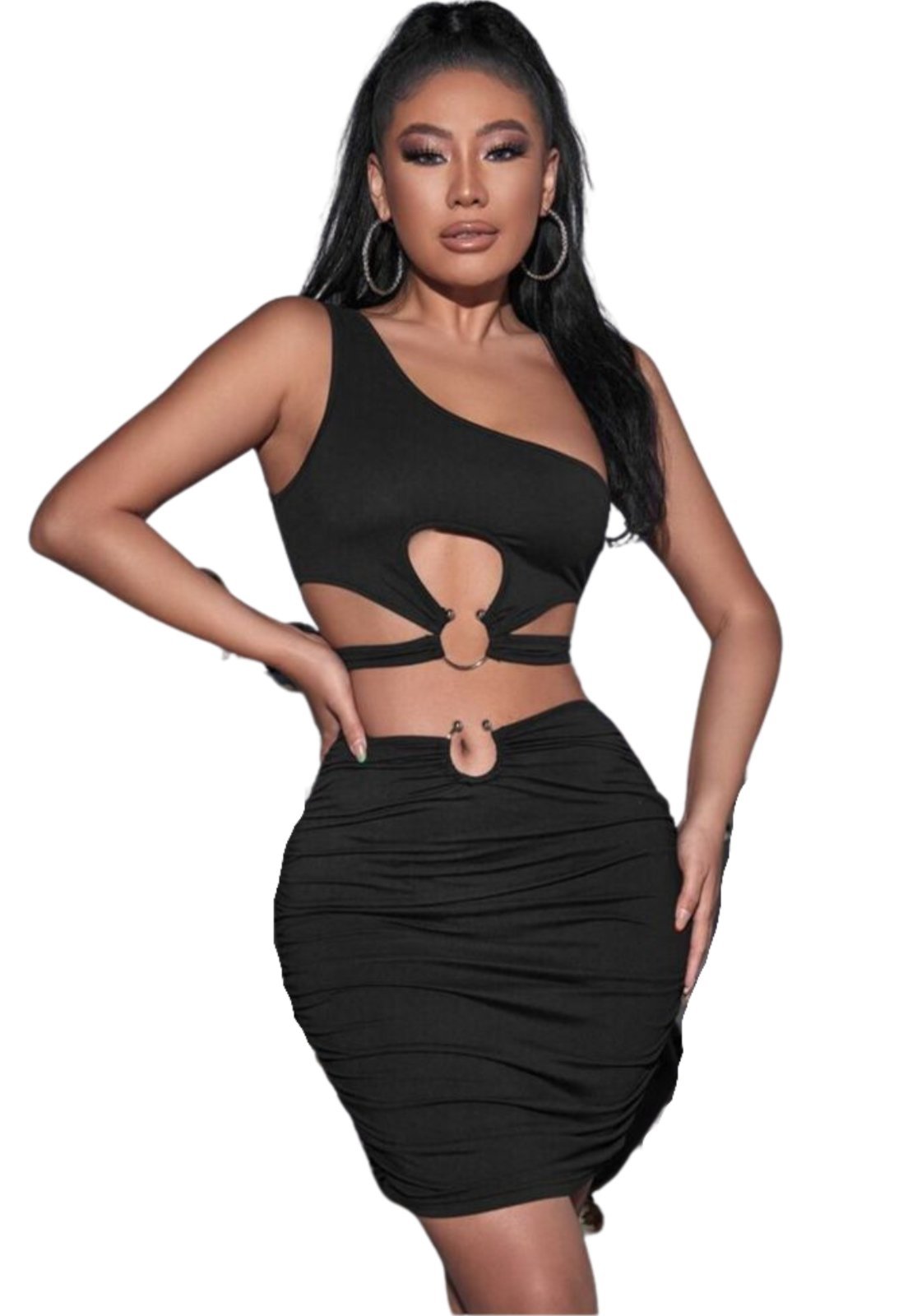 Conjunto Summer Body moda gringa cropped decote mula manca saia argolas Preto