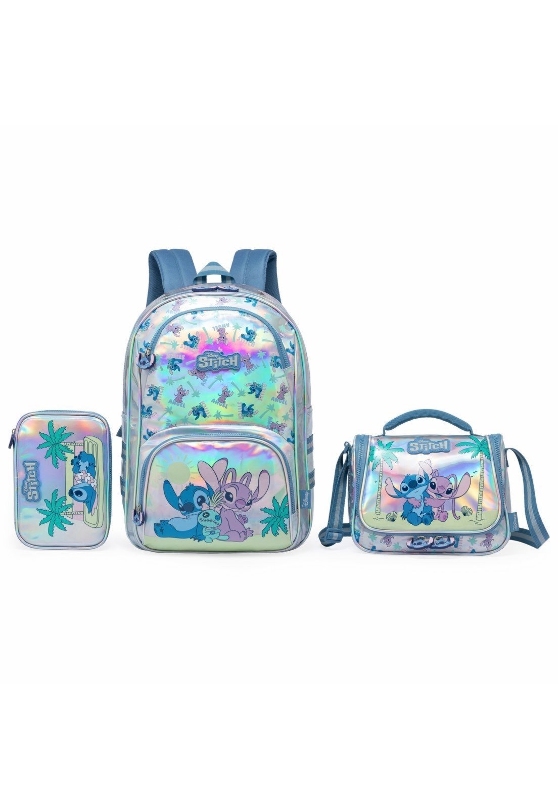 Infantil - Kit Mochila Costas Lancheira Estojo Stitch Disney Feminina Escolar Espaçosa