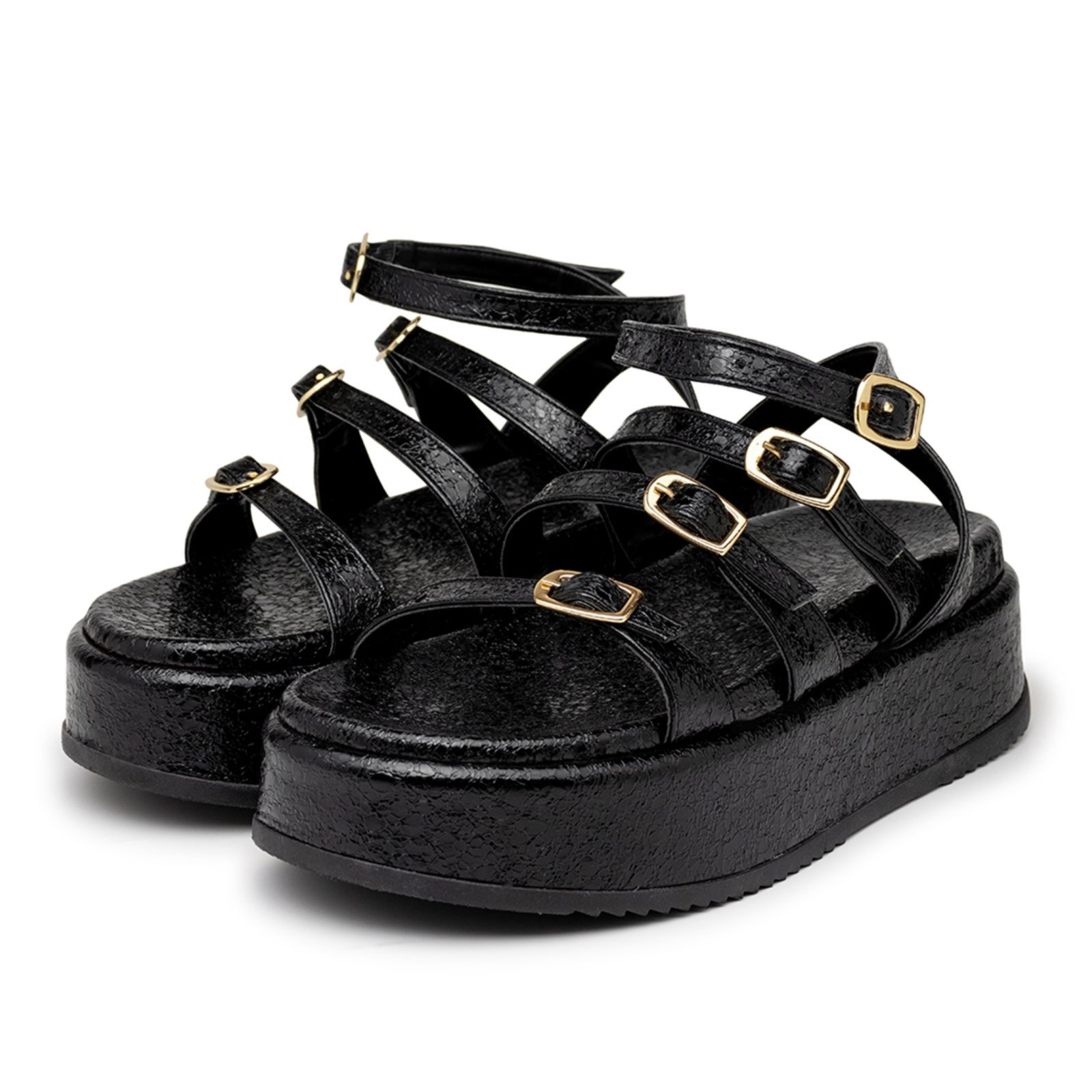 Sandália Papete Flatform Tiras Com Fivelas 5302 Essence Preto