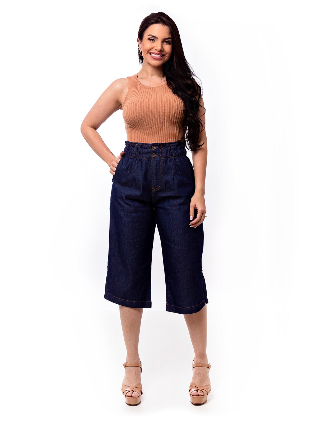 Bermuda Calça Pantacourt Restrito Jeans Cós Elástico – AZUL