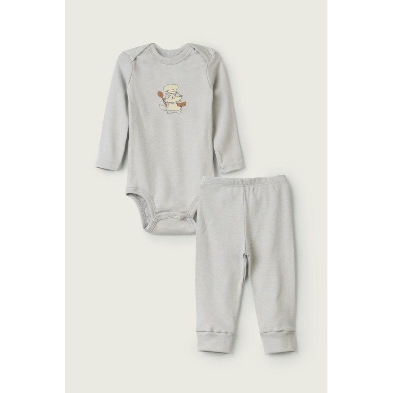 Infantil - Conjunto Body Longo e Calça do Papai Cinza Gato Cozinheiro