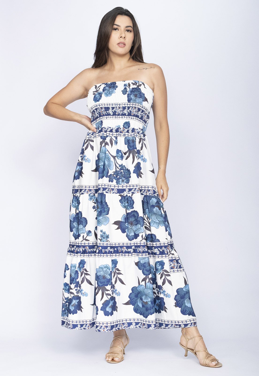 Vestido Amazonia Vital Midi Tomara que caia Estampa Flores de Manaus