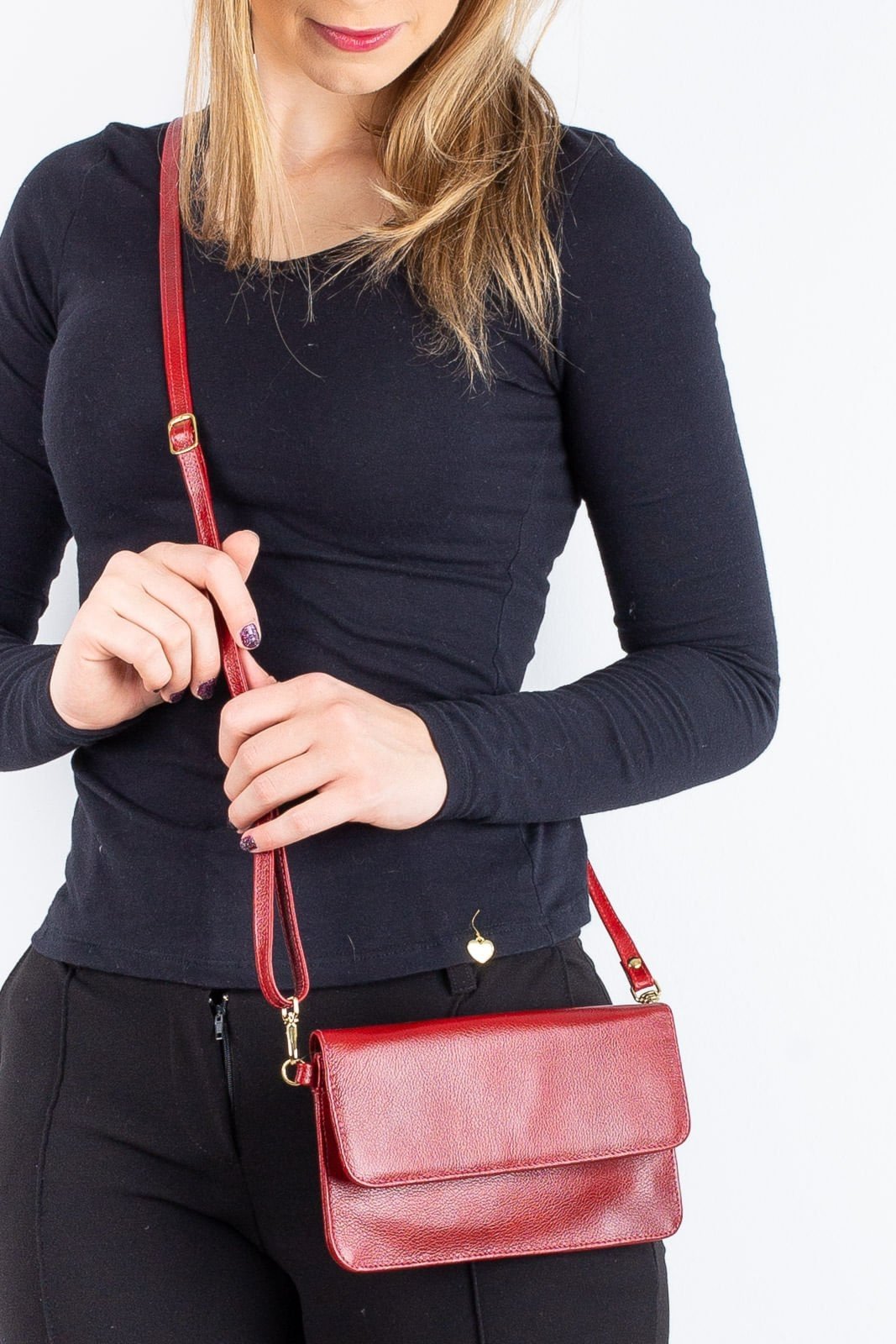 Clutch mini bolsa de couro liso Nicole - Vermelho