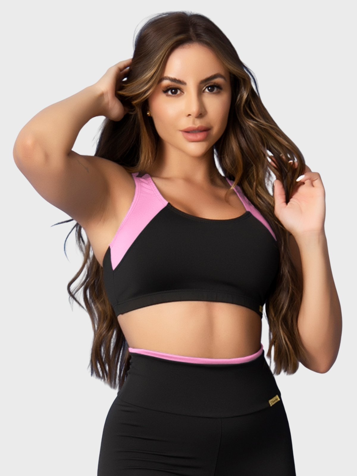 Top Fitness Tarelles Alça Larga Forrado Preto e Rosa Claro