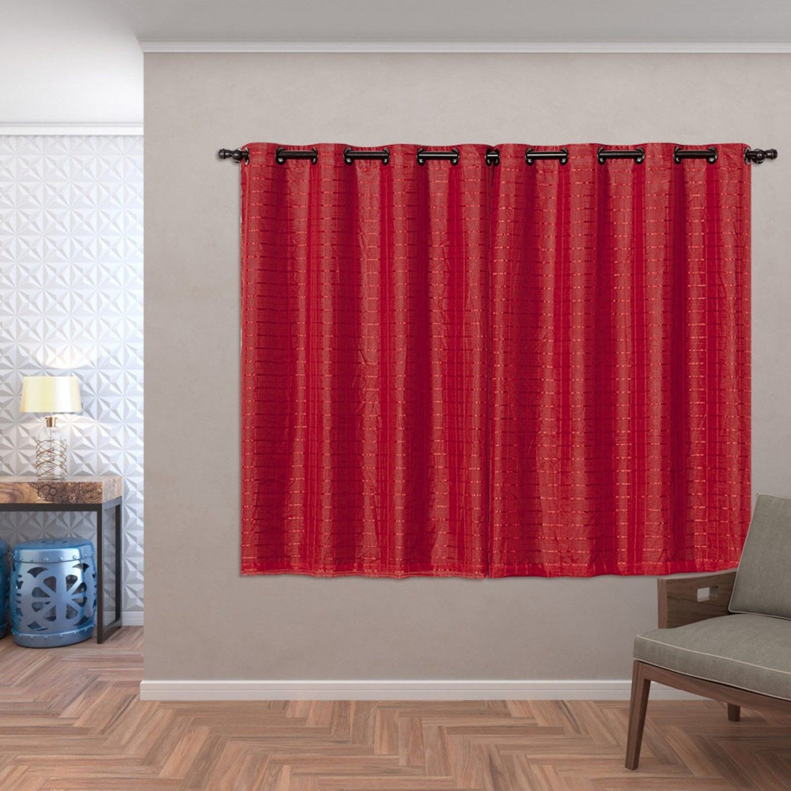 Cortina Daily Varão 2M Blackout PVC Com Voil Xadrez 2,80mx1,60m Sala Quarto Vermelho