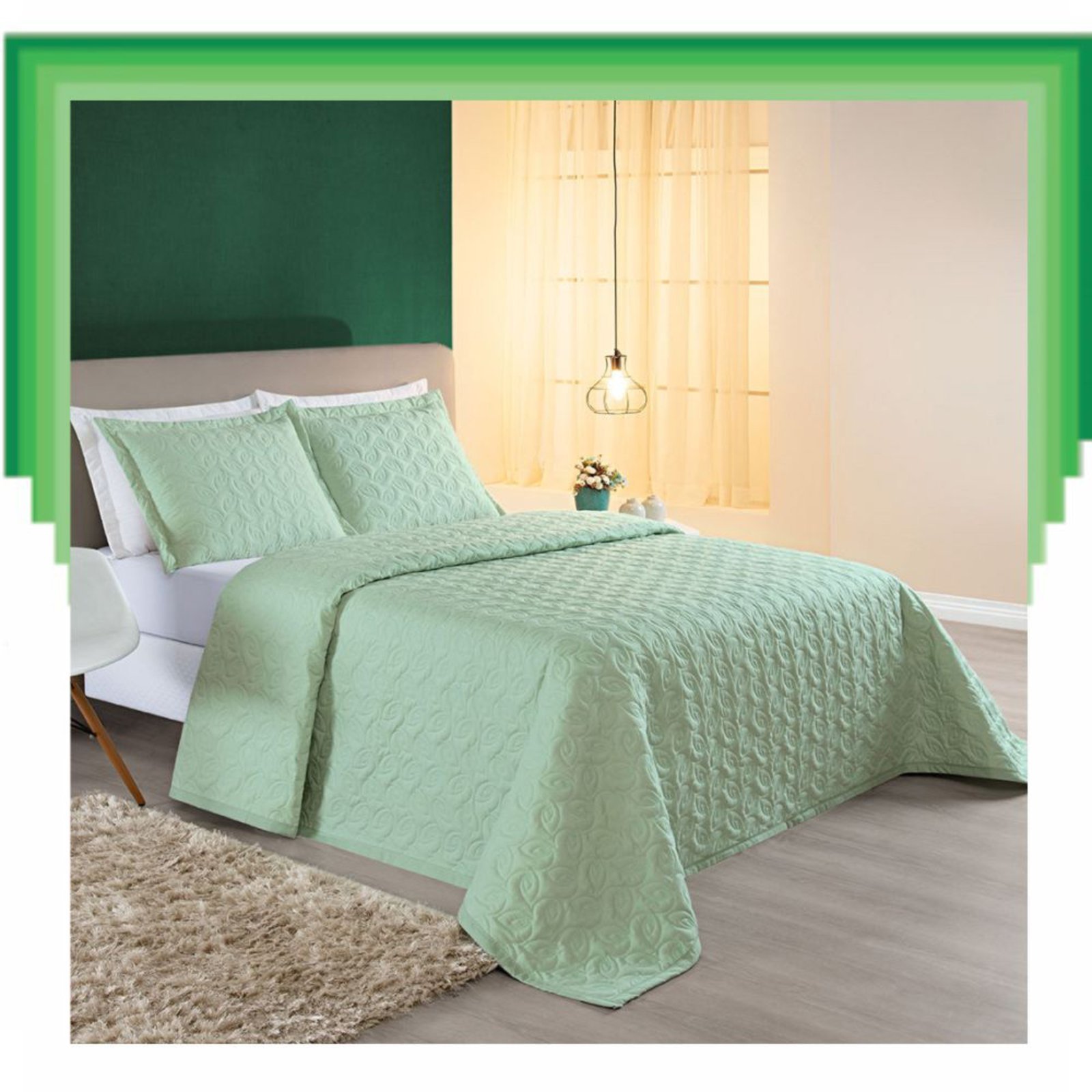 Colcha Cobre Leito Valença Padrão 3 Peças Dupla Face - Verde - 100% Poliéster