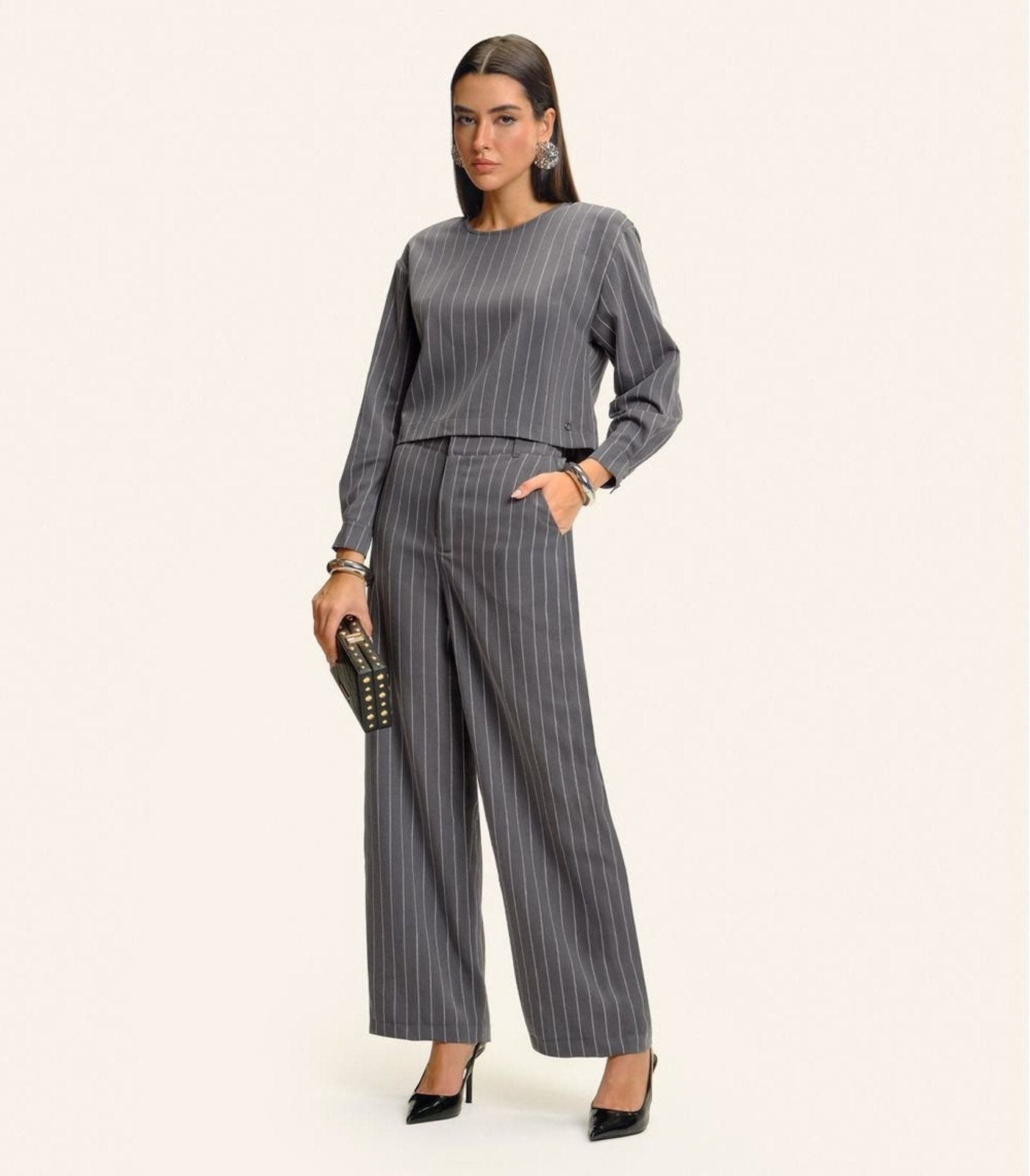 Calça Feminina Pantalona Twill Lurex Endless Cinza