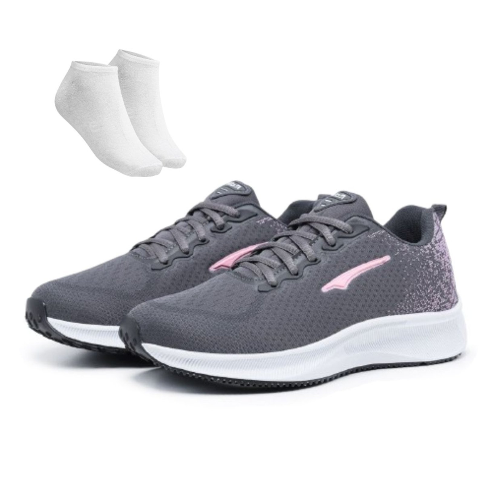 Kit Tênis Casual Feminino Esportico Leve Super Macio Ortopédico Grafite Pink + Meia