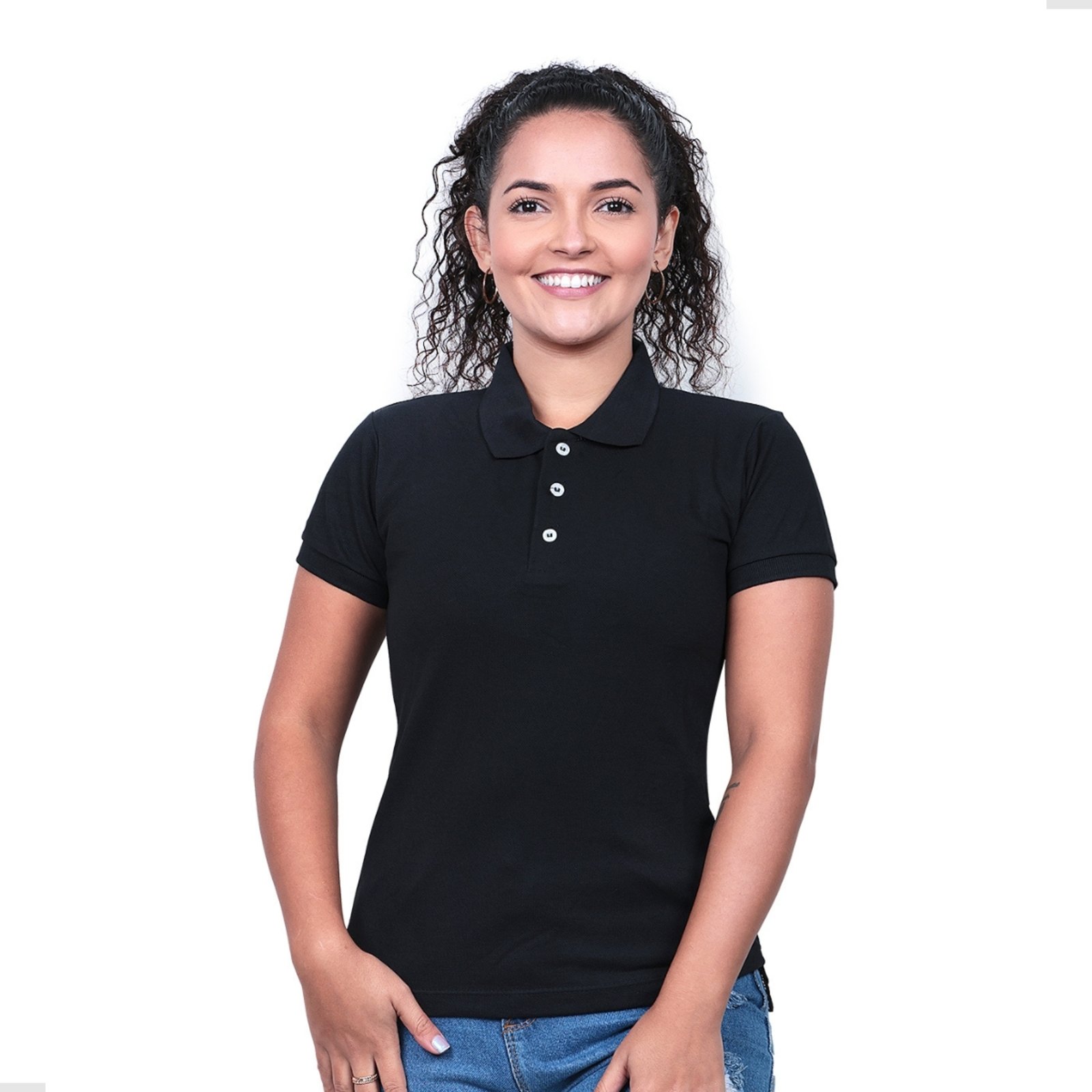 Camisa Polo Piquet Feminina Techmalhas Baby Look Lisa Preto