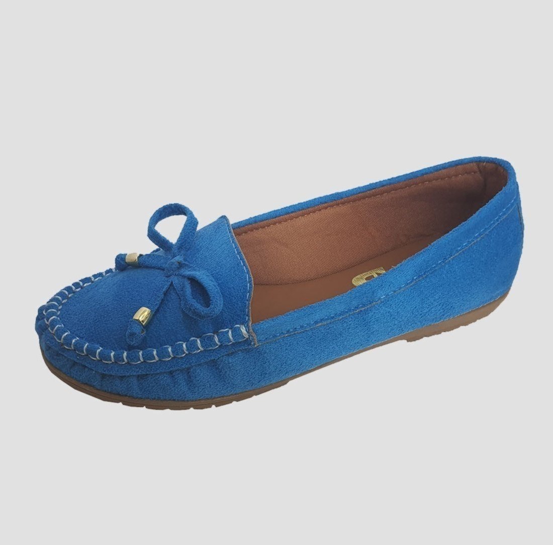 Sapatilha Mocassim Moda Pé Costurado à Mão Camurça Azul Piscina
