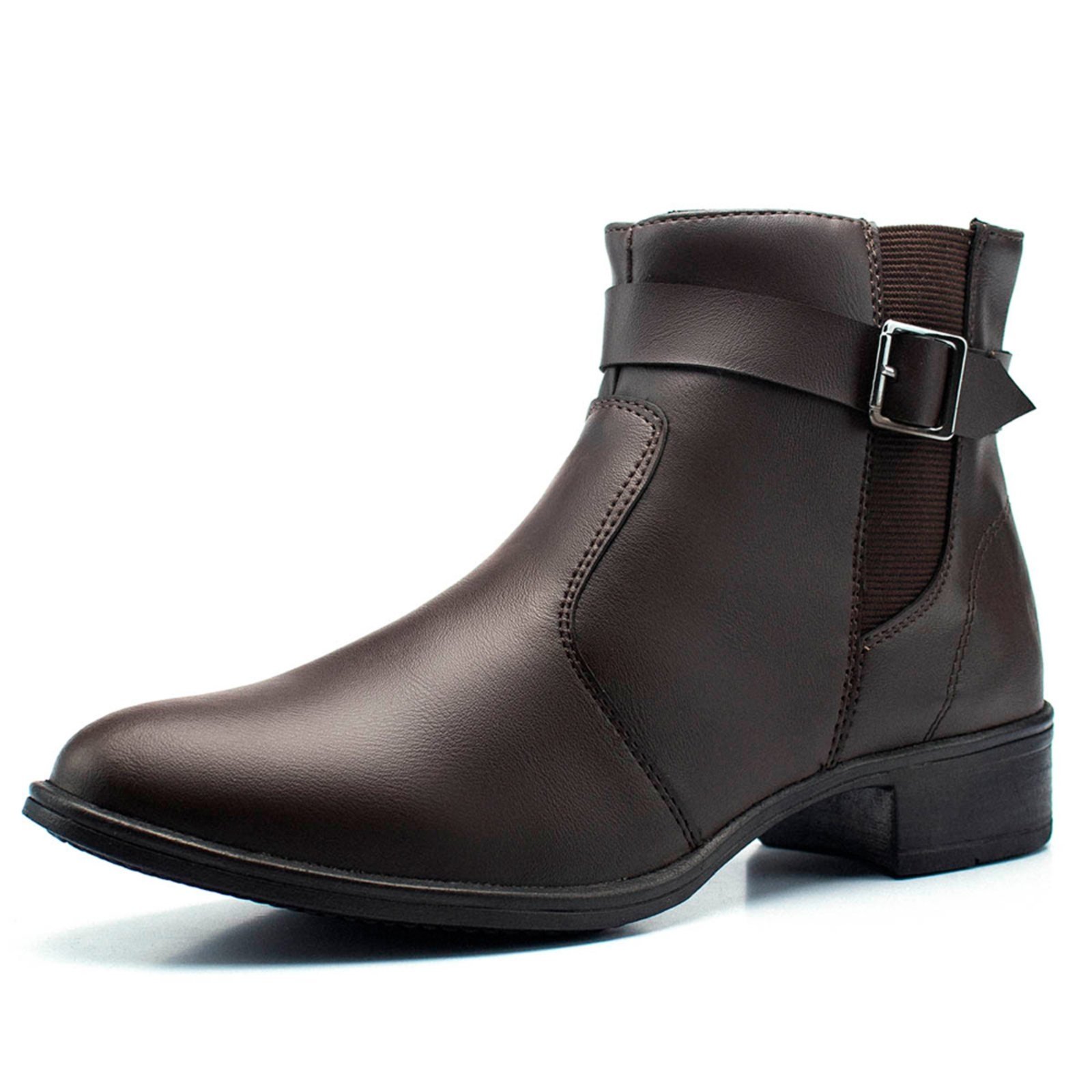 Bota Feminina Salto Baixo Bredeni Coturno Cano Curto Com Ziper Lateral Com Fivela Marrom