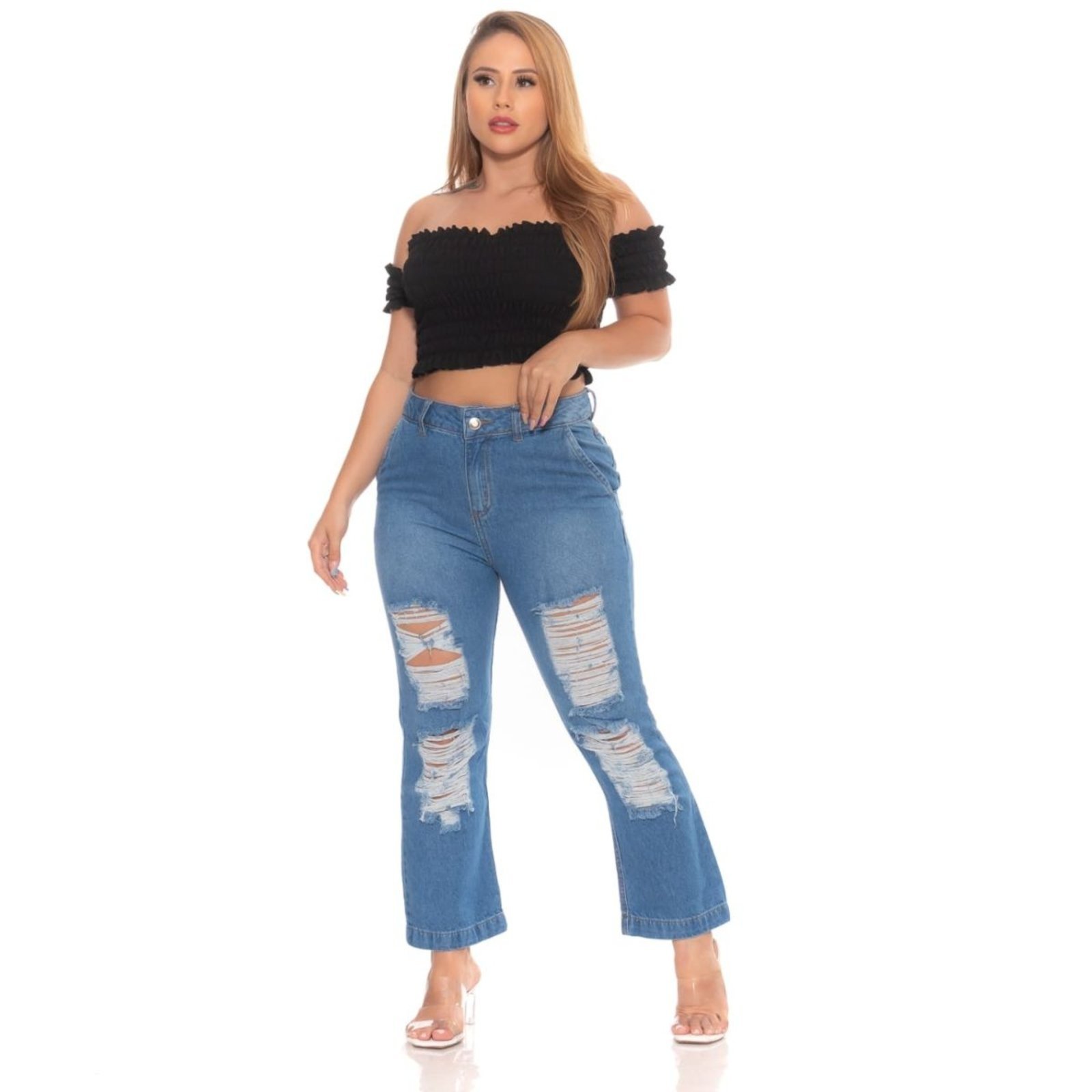 Calça Pantacourt Jeans Feminina Rasgada 100% Algodão