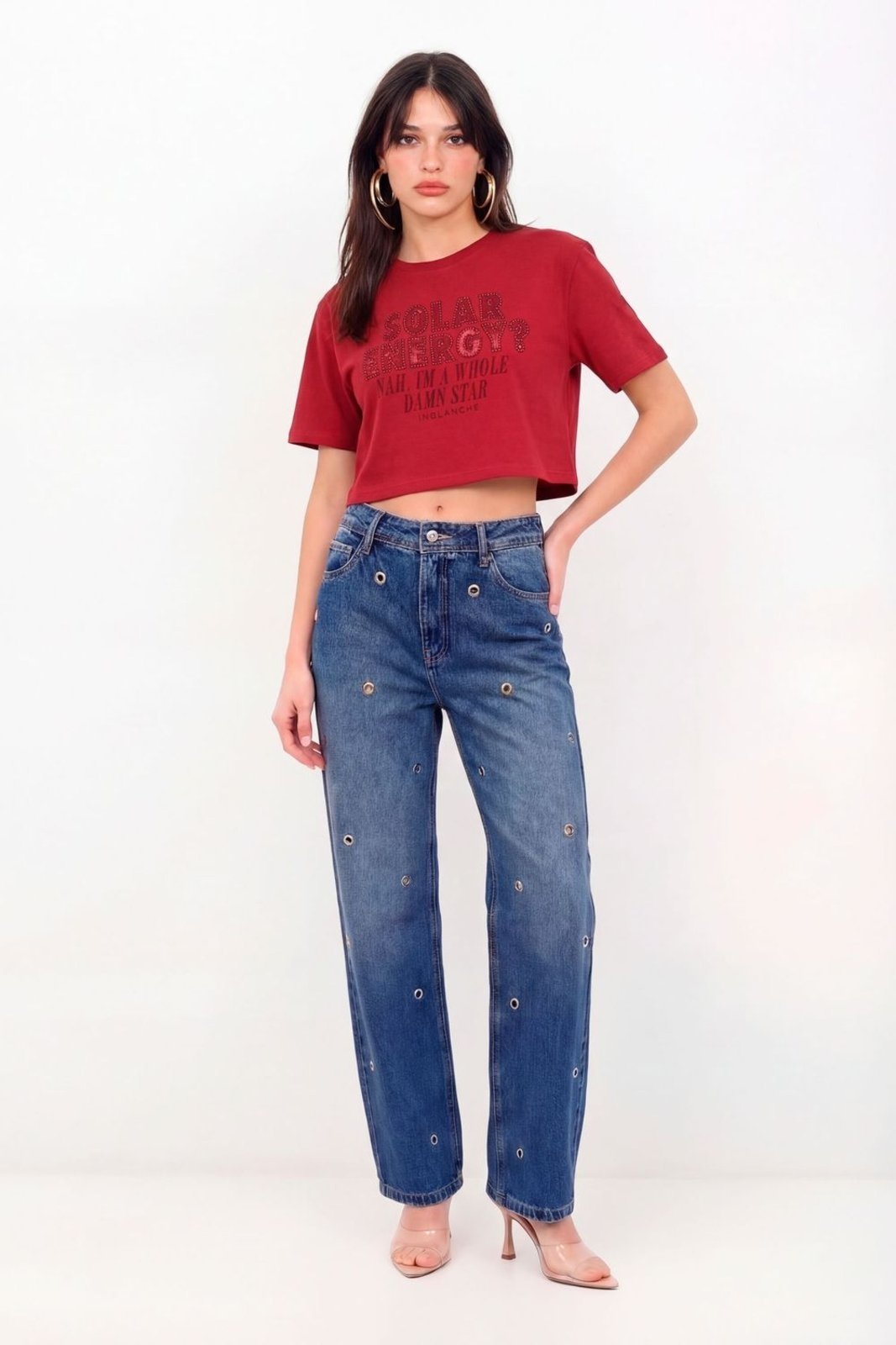 Vista 2 T-Shirt Cropped Silk Metalizada Feminina Inblanche vermelho Inblanche vermelho
