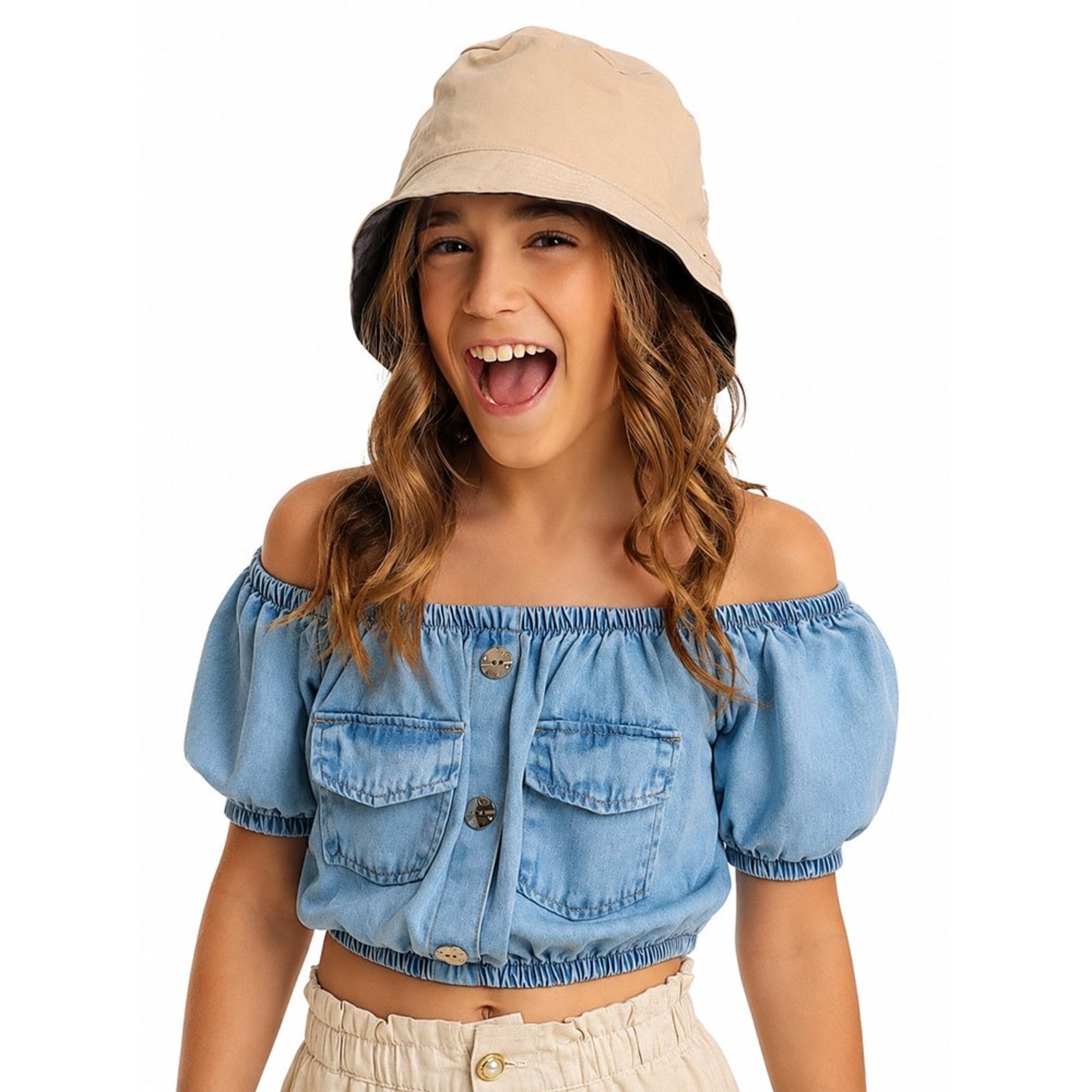 Infantil - Blusinha Juvenil Look Jeans Ombro a Ombro Jeans