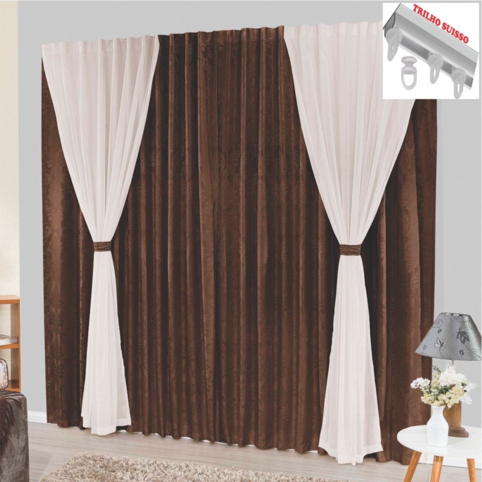 Cortina Bhaly Jacquard e Voal 4,00 X 2,50 Para Trilho Suisso - Tabaco - 100% Poliéster