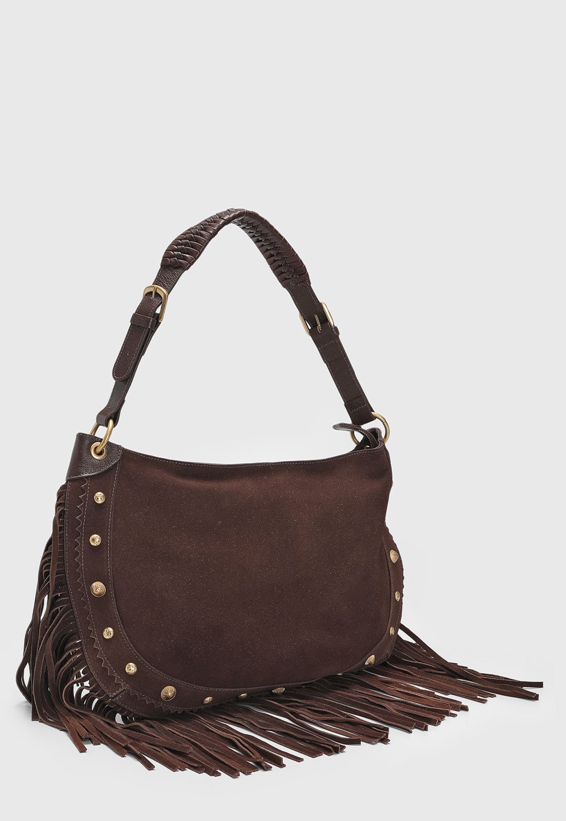 Vista 3 Bolsa Grande Feminina Arezzo Franjas e Tachas marrom marrom