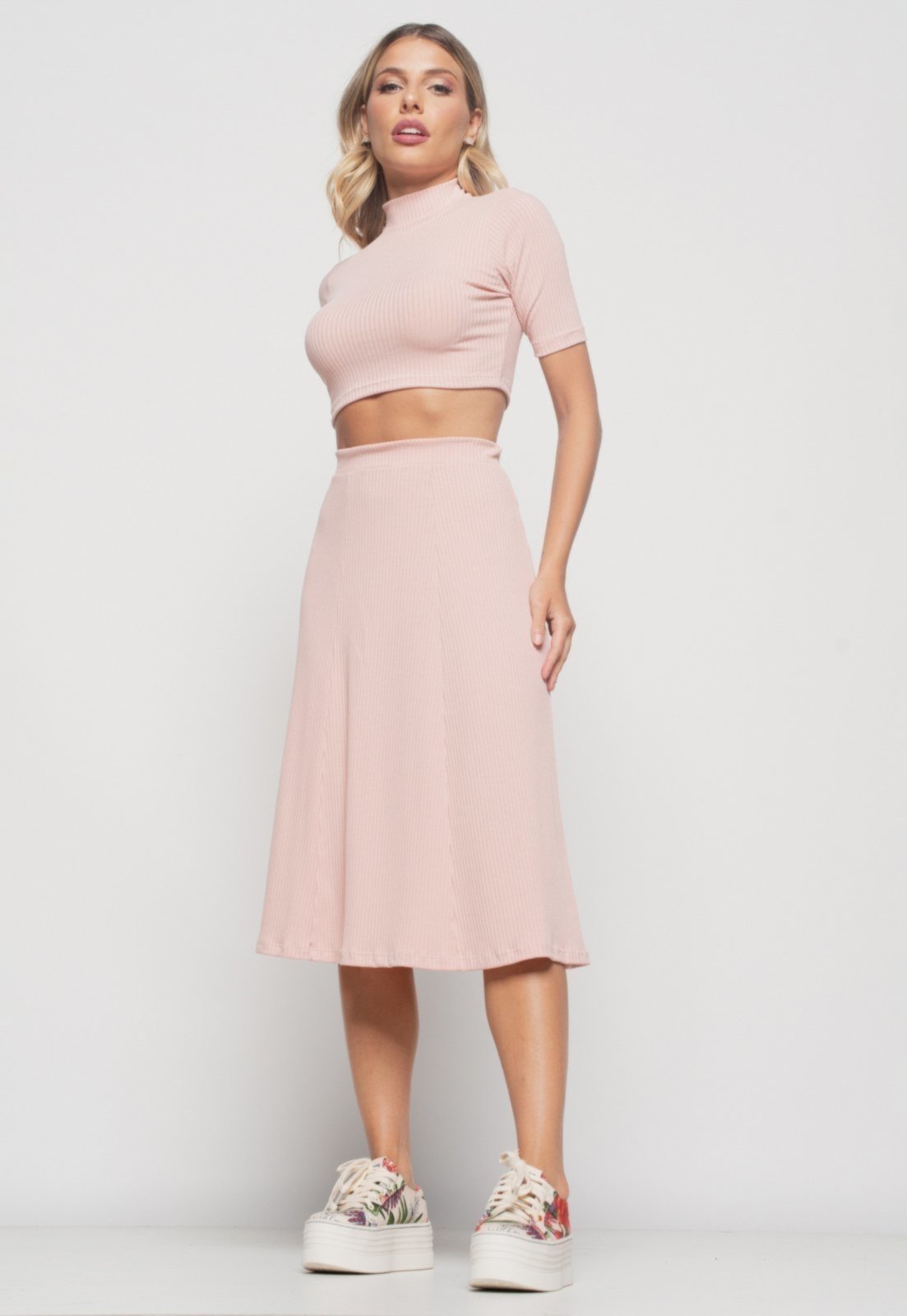 Saia Salvatore Midi Godê Canelada Rosa Claro