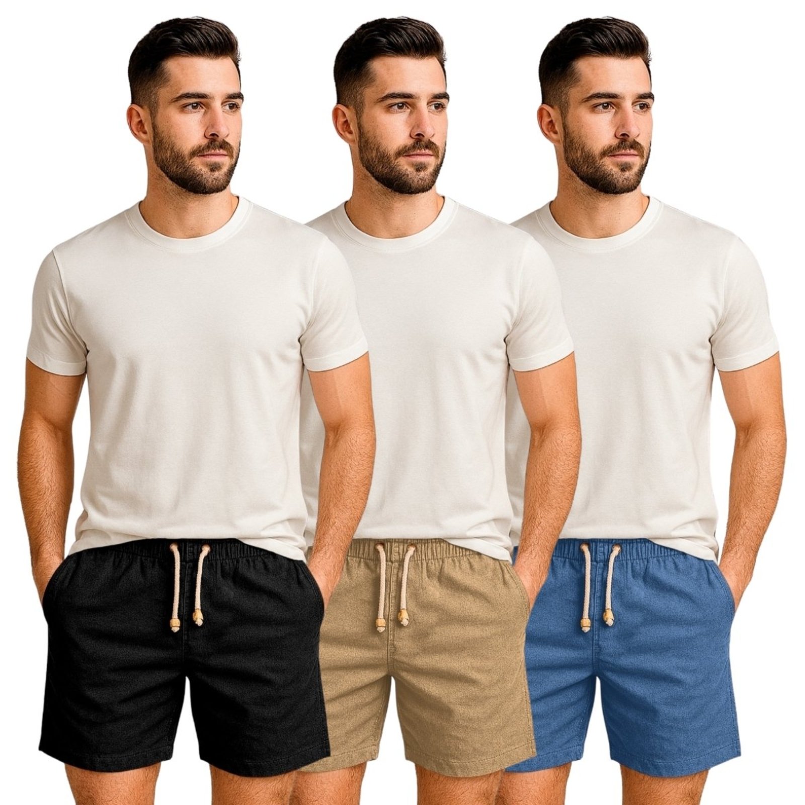 Kit 3 Shorts Linho Premium Bermuda Masculina Moda Praia Luxo