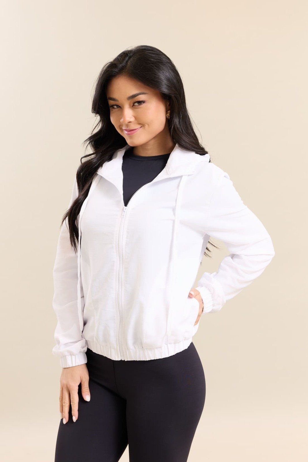 Jaqueta Poliamida Feminina Corta Vento Com Capuz Dialogo Jeans Branco