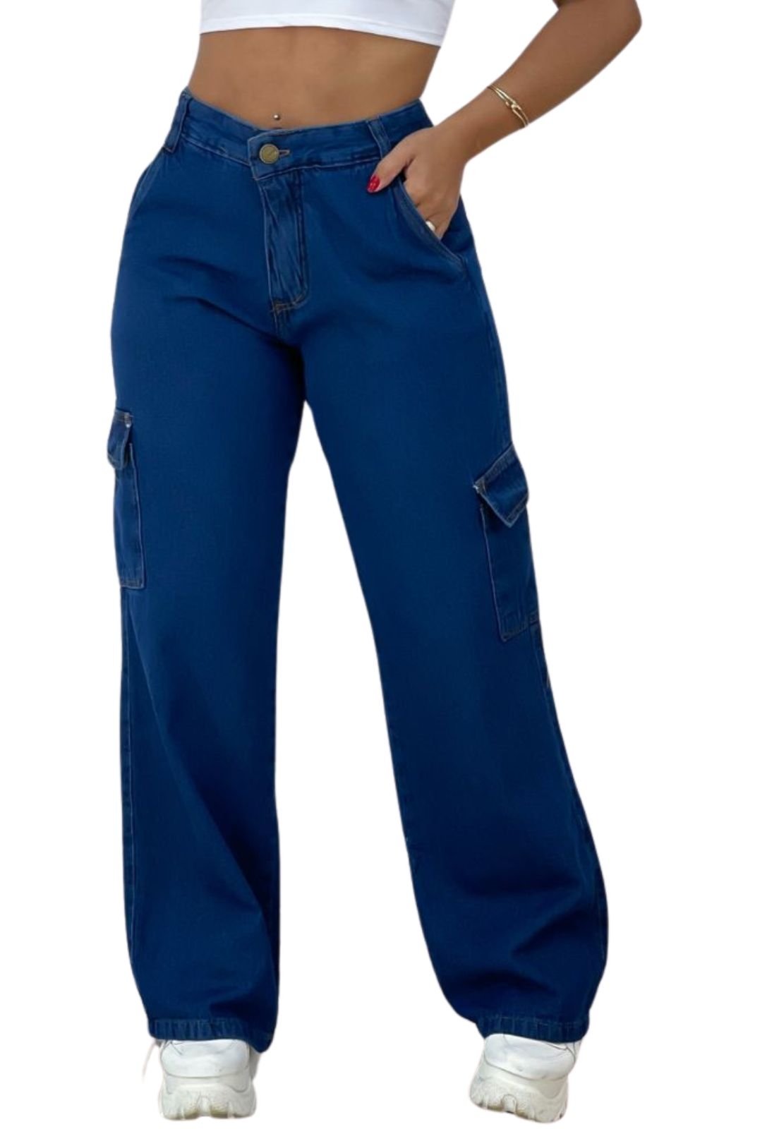 Calça Jeans Feminina Wide Leg Cargo 100% Algodao Premium Blue Comfortavel