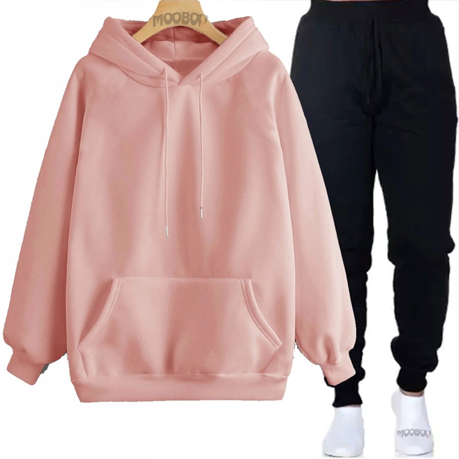 kit Conjunto Moletom Fechado Liso Calça E blusa Rosa claro Canguro Masculino Mooboo Moleton Masculino Blusa de Frio Lisa Calça slim Preto