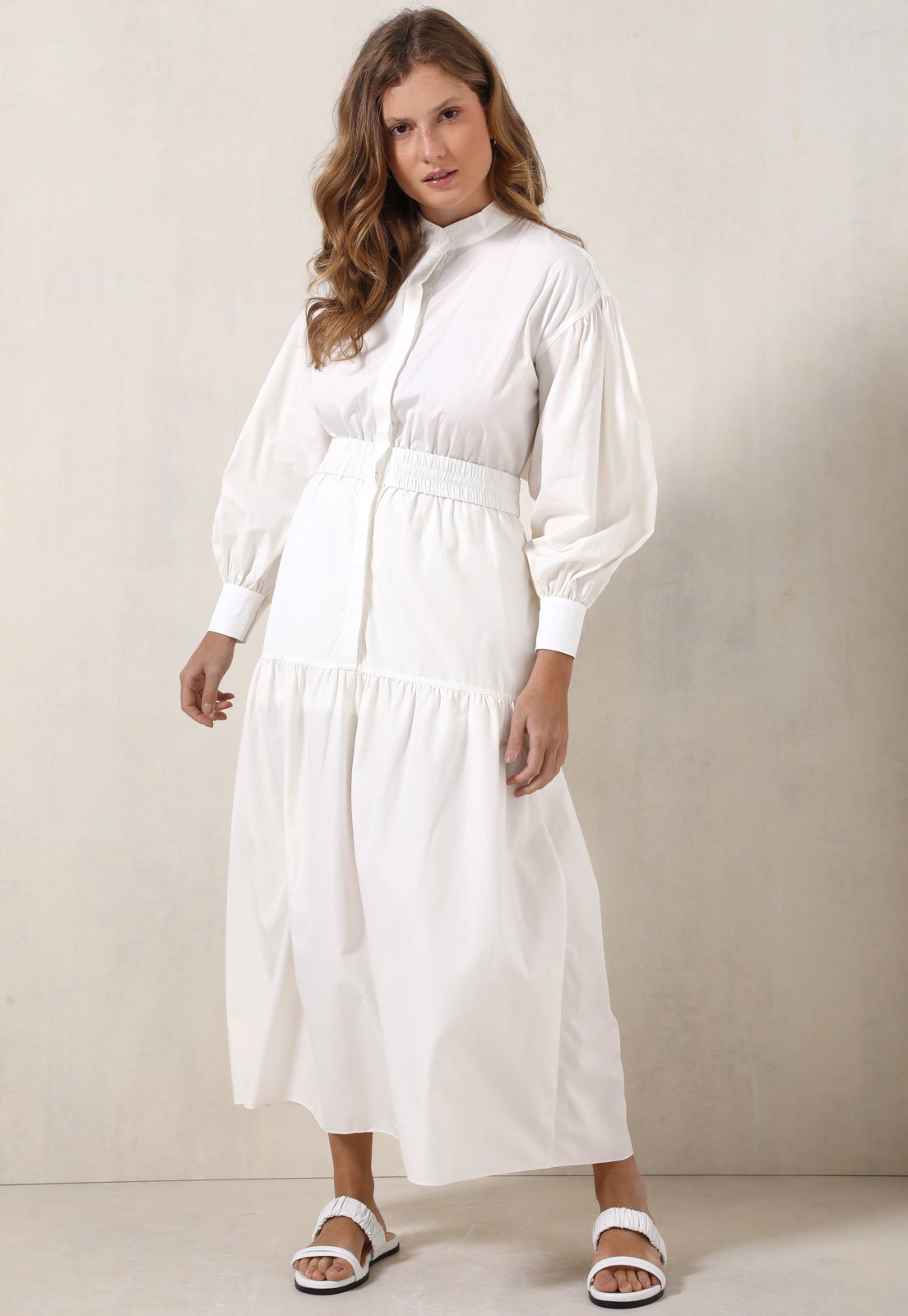Vestido Chemise Cruise Midi Alfaiataria Branco